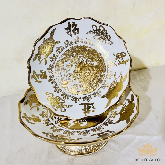 Đĩa sứ đựng trái cây thờ cúng sứ 3D vàng đường kính 23cm