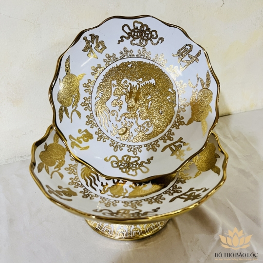 Đĩa sứ đựng trái cây thờ cúng sứ 3D vàng đường kính 23cm