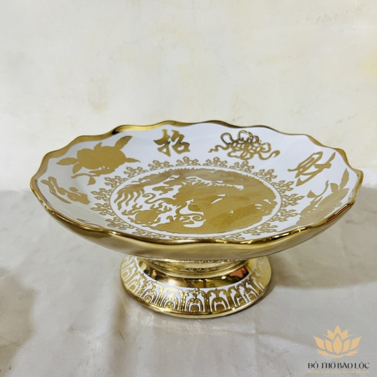 Đĩa sứ đựng trái cây thờ cúng sứ 3D vàng đường kính 23cm