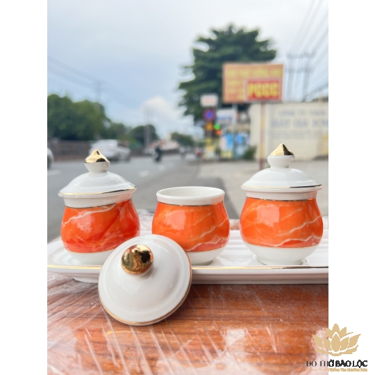 Chum nước, áng nước sứ họa tiết đá hoa cương có nắp 3 ly -  Đỏ