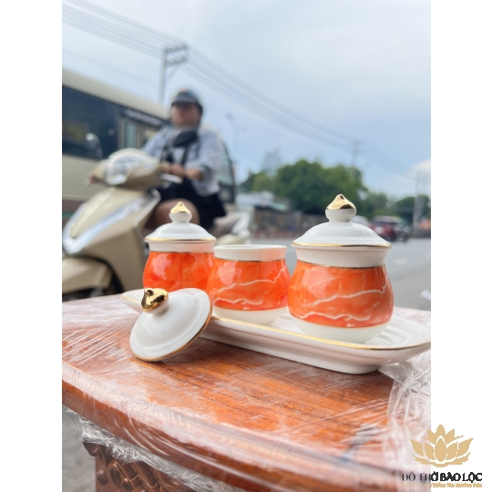 Chum nước, áng nước sứ họa tiết đá hoa cương có nắp 3 ly -  Đỏ