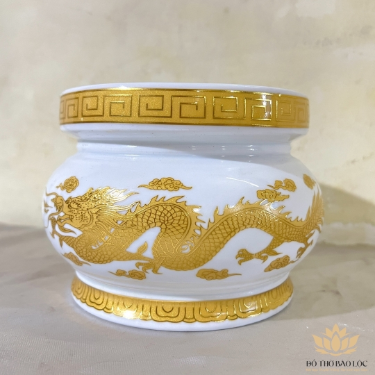 Lư Hương Sứ Trắng Rồng Vàng Hoa Văn Cao Cấp - Cao 8cm Ngang 11cm