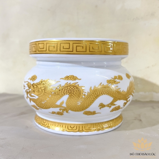 Lư Hương Sứ Trắng Rồng Vàng Hoa Văn Cao Cấp - Cao 7.5cm Ngang 8.5cm