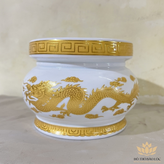 Lư Hương Sứ Trắng Rồng Vàng Hoa Văn Cao Cấp - Cao 6.5 Ngang 8cm