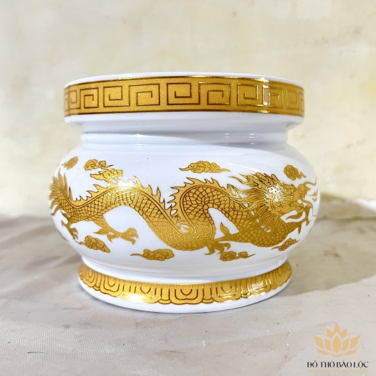 Lư Hương Sứ Trắng Rồng Vàng Hoa Văn Cao Cấp - Cao 10.5cm Ngang 14.7cm
