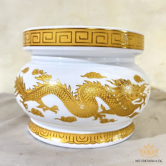 Lư Hương Sứ Trắng Rồng Vàng Hoa Văn Cao Cấp - Cao 8cm Ngang 11cm