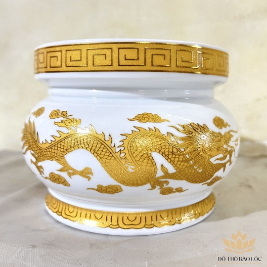 Lư Hương Sứ Trắng Rồng Vàng Hoa Văn Cao Cấp - Cao 7.5cm Ngang 8.5cm