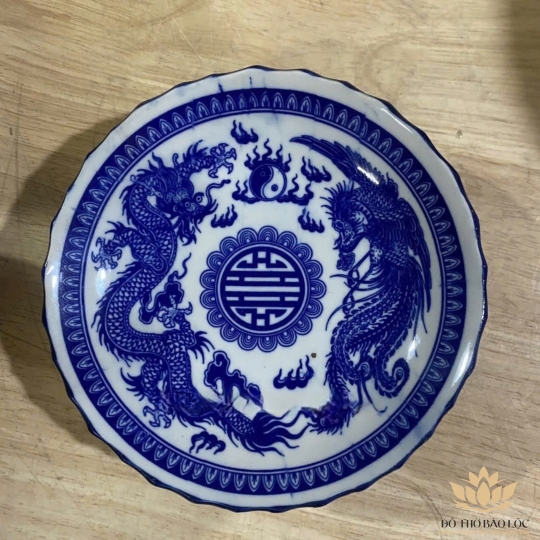 Đĩa sứ thờ họa tiết long phụng bằng gốm Bát Tràng – Đường kính: 24.5cm
