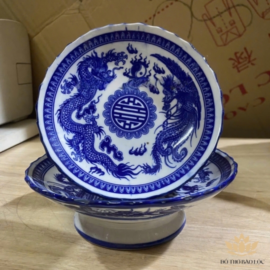 Đĩa sứ thờ họa tiết long phụng bằng gốm Bát Tràng – Đường kính: 20,5cm