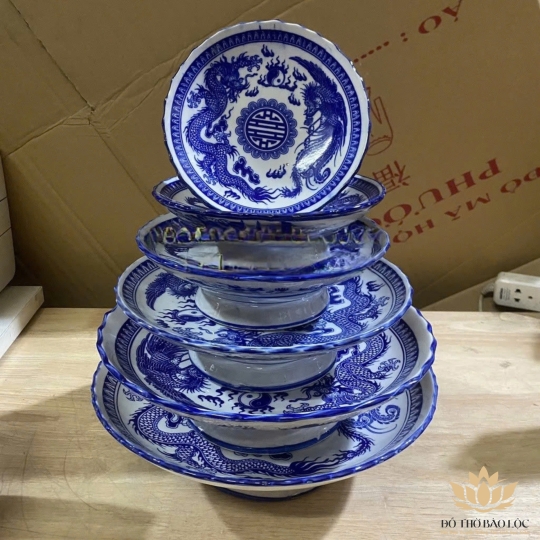 Đĩa sứ thờ họa tiết long phụng bằng gốm Bát Tràng – Đường kính: 20,5cm