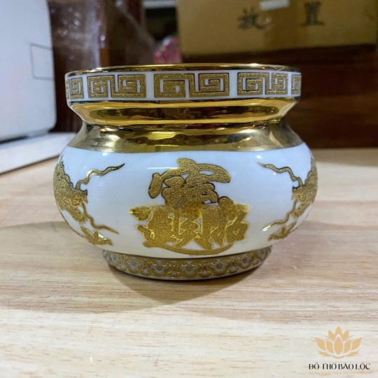 Bát nhang sứ cao cấp hình rồng vàng 3D Cao: 13cm, ĐK Miệng: 17.5cm