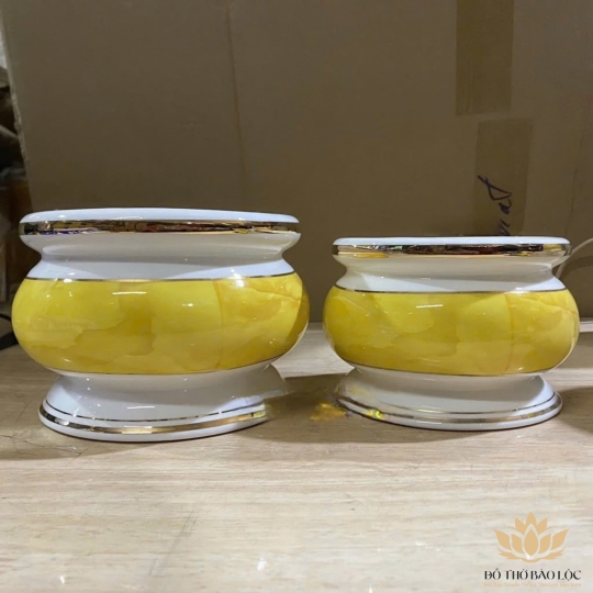 Bát nhang sứ họa tiết Đá Hoa Cương cao 9cm ngang 11cm - Màu Vàng