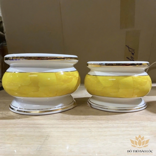 Bát nhang sứ họa tiết Đá Hoa Cương cao 8cm ngang 10cm - Màu Vàng