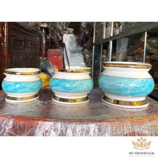 Bát Nhang Sứ Họa Tiết Đá Hoa Cương cao 9cm ngang 11cm - Màu Xanh 