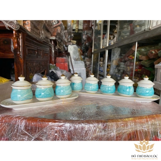 Chum Nước, Áng Nước Sứ Hoạ Tiết Đá Hoa Cương Có Nắp 3 Ly - Màu Xanh