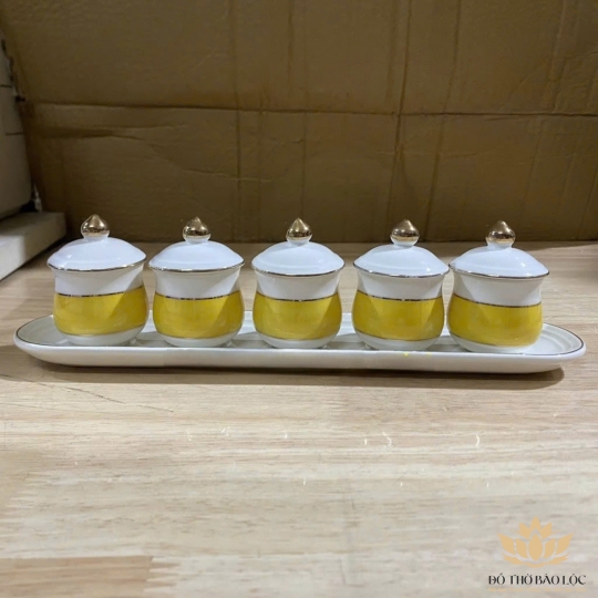 Chum nước, áng nước sứ họa tiết đá hoa cương có nắp loại 3 ly - Vàng