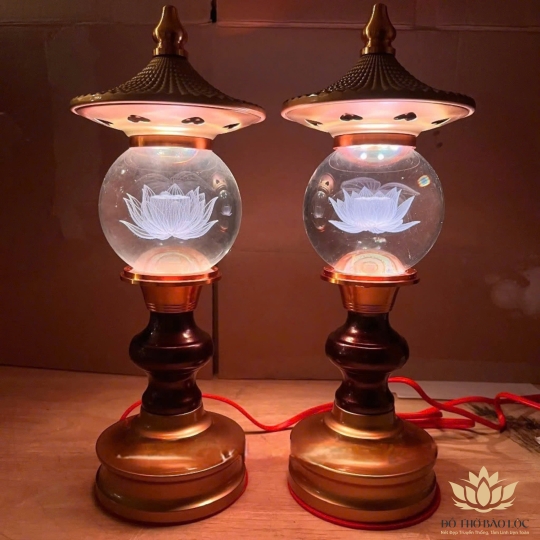 Bộ đèn thờ hoa sen Pha lê hình tháp tự đổi nhiều màu cao 35cm -Loại tròn