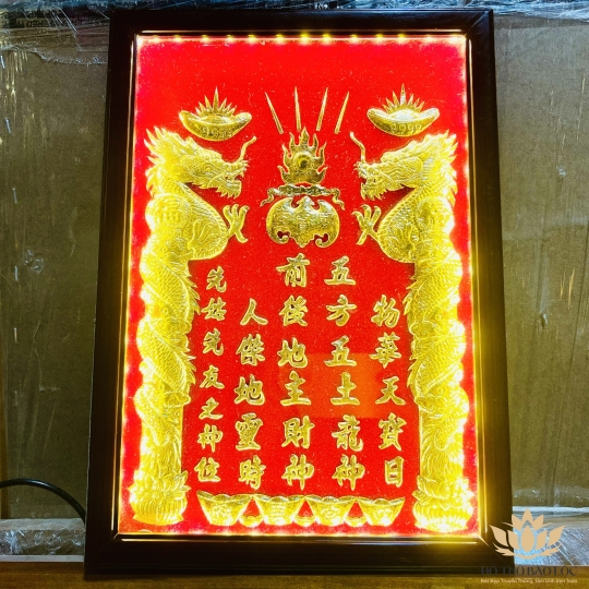 [25x35] Bài Vị Thần Tài Thổ Địa Dát Vàng Khung Gỗ Nền Đỏ Cao 35cm x Ngang 25cm - Có đèn