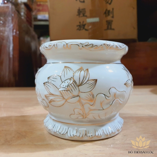 Lư hương bạch ngọc sứ trắng cao cấp cao 10,5cm đường kính 13cm