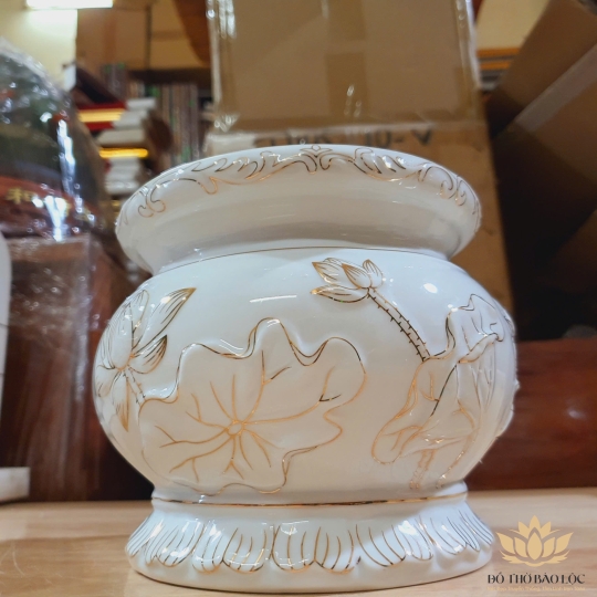 Lư hương sứ trắng Bạch Ngọc trắng cao cấp cao 12cm đường kính 15 cm