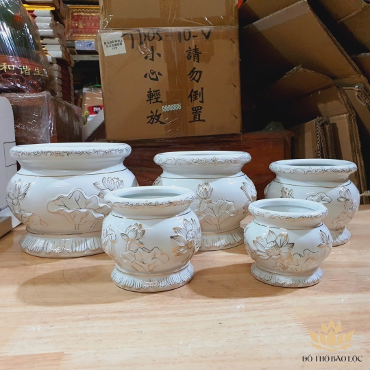 Lư hương bạch ngọc sứ trắng hoa sen cao 11cm đường kính 15cm