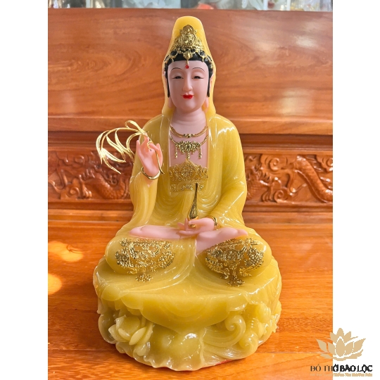 Tượng Phật Quan Âm Ngồi Đài Sen Cao 30cm Đá Nhập Khẩu -Màu Vàng