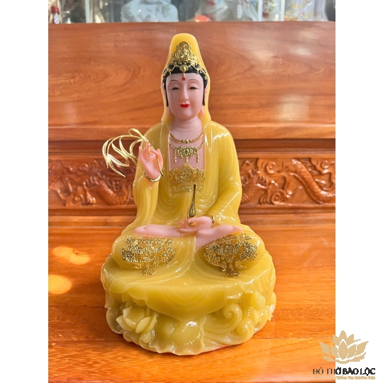 Tượng Phật Quan Âm Ngồi Đài Sen Cao 30cm Đá Nhập Khẩu -Màu Vàng