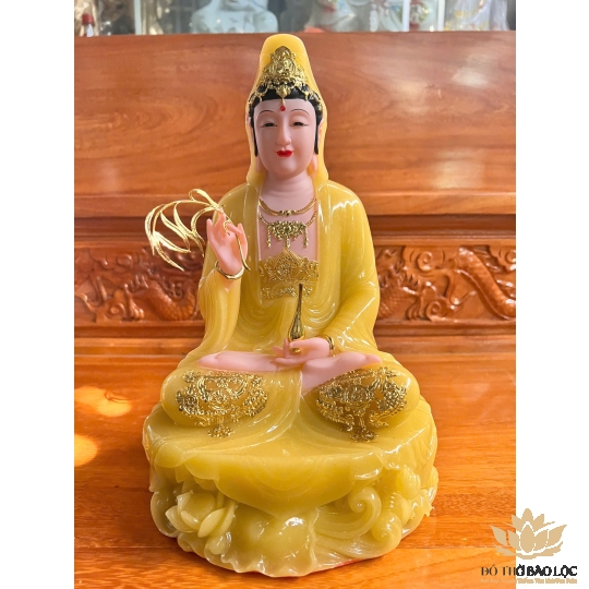 Tượng Phật Quan Âm Ngồi Đài Sen Cao 30cm Đá Nhập Khẩu -Màu Vàng