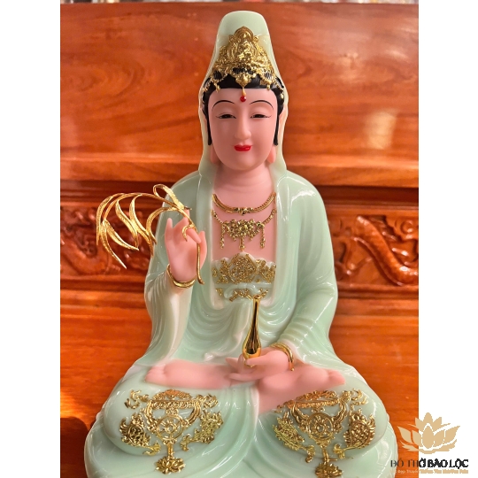 Tượng Phật Quan Âm Ngồi Đài Sen Cao 30cm Đá Nhập Khẩu -Màu Xanh Ngọc