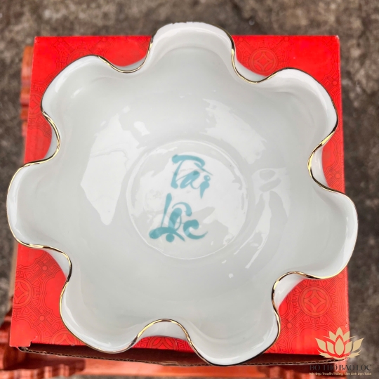 Bát Sen Thả Hoa, Bát “Minh đường tụ thủy” Vân Đá Hoa Cương Chữ Tài Lộc Màu Xanh Ngang 20cm