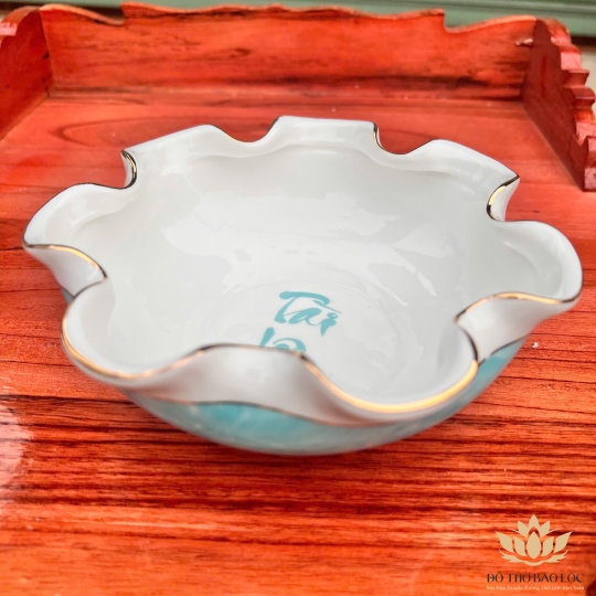 Bát Sen Thả Hoa, Bát “Minh đường tụ thủy” Vân Đá Hoa Cương Chữ Tài Lộc Màu Xanh Dương Ngang 17cm