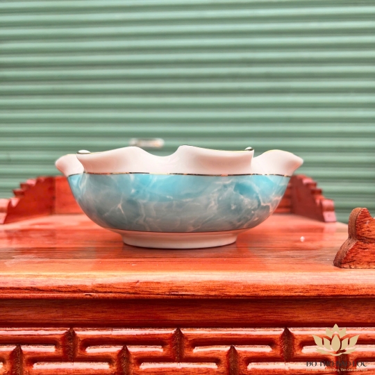 Bát Sen Thả Hoa, Bát “Minh đường tụ thủy” Vân Đá Hoa Cương Chữ Tài Lộc Màu Xanh Dương Ngang 17cm