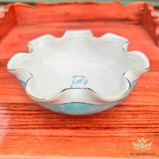 Bát Sen Thả Hoa, Bát “Minh đường tụ thủy” Vân Đá Hoa Cương Chữ Tài Lộc Màu Xanh Ngang 22cm