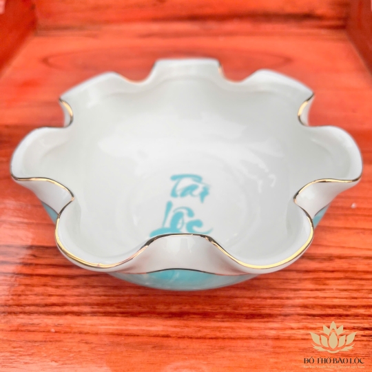 Bát Sen Thả Hoa, Bát “Minh đường tụ thủy” Vân Đá Hoa Cương Chữ Tài Lộc Màu Xanh Dương Ngang 17cm