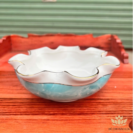 Bát Sen Thả Hoa, Bát “Minh đường tụ thủy” Vân Đá Hoa Cương Chữ Tài Lộc Màu Xanh Dương Ngang 17cm