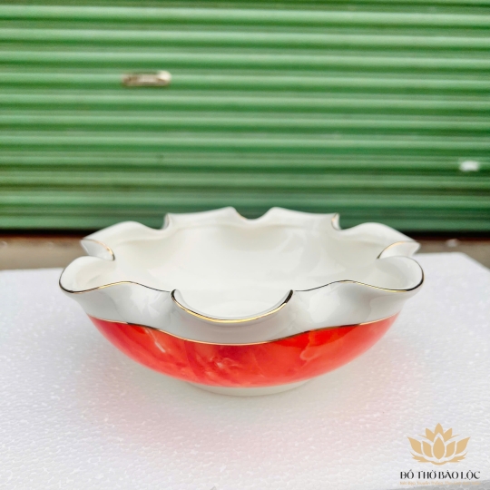 Bát Sen Thả Hoa, Bát “Minh đường tụ thủy” Vân Đá Hoa Cương Chữ Tài Lộc - Màu Đỏ Ngang 20cm