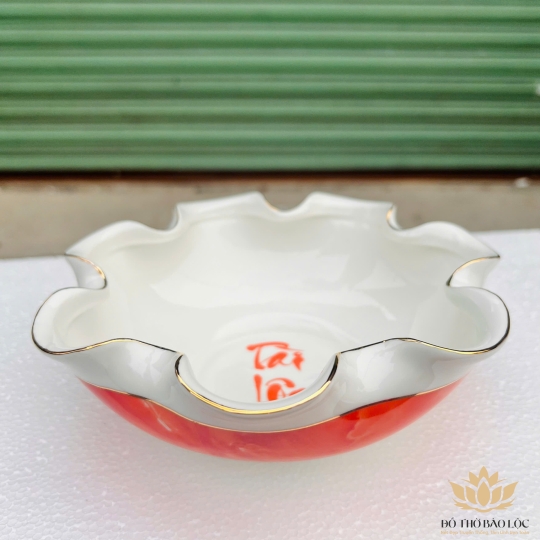 Bát Sen Thả Hoa, Bát “Minh đường tụ thủy” Vân Đá Hoa Cương Chữ Tài Lộc - Màu Đỏ Ngang 20cm