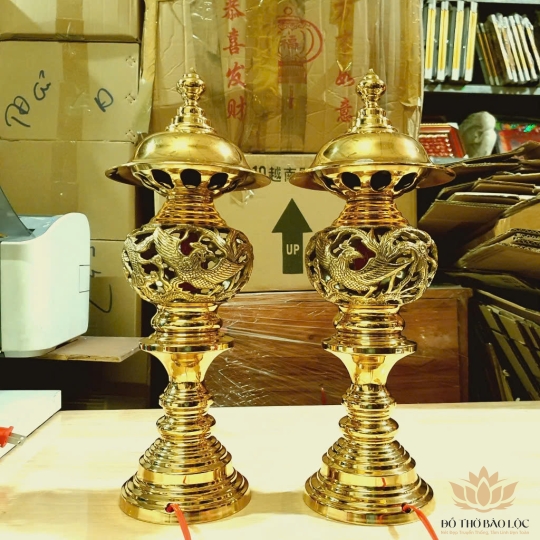 Đèn đồng long phụng thờ gia tiên thương hiệu Thuận Phát (3 cỡ) - Cỡ vừa 30cm