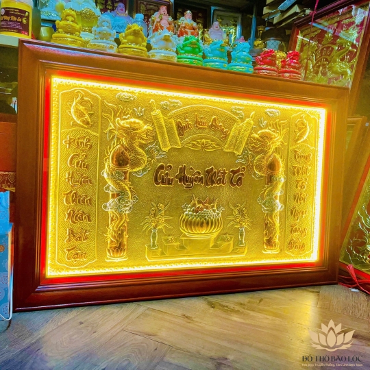 [75x115] Bài Vị Cửu Huyền Thất Tổ Bằng Đồng Khung Gỗ Ngang 115cm x Cao 75cm - Có đèn