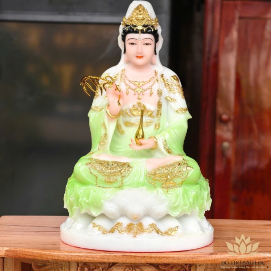 Tượng Quan Âm Ngồi Đài Sen Màu Xanh Ngọc cao 29cm