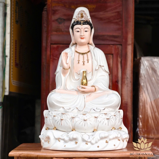 Tượng Quan Thế Âm Bồ Tát Ngồi Đài Sen Bằng Sứ Cao Cấp cao 40cm