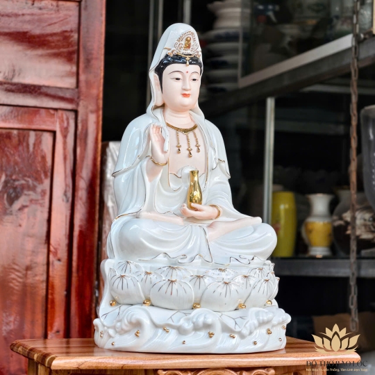 Tượng Quan Thế Âm Bồ Tát Ngồi Đài Sen Bằng Sứ Cao Cấp cao 40cm