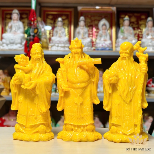 Bộ Tượng Phúc Lộc Thọ Bằng Bột Đá Màu Vàng Cao 37cm– Mang Lại Phúc Khí, Tài Lộc, Trường Thọ
