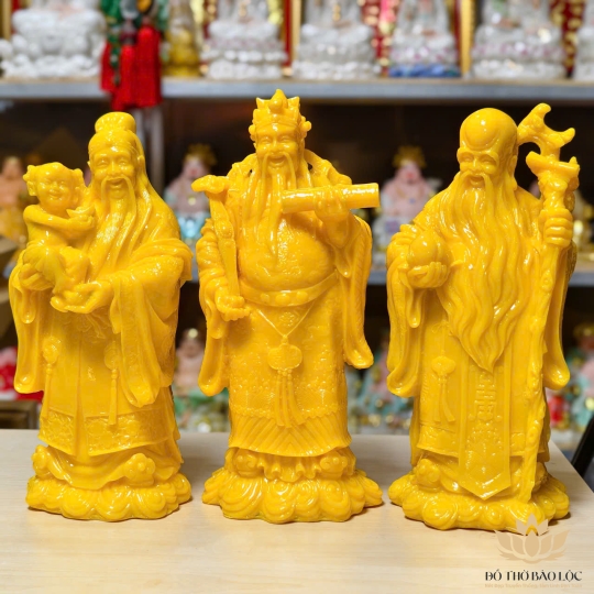 Bộ Tượng Phúc Lộc Thọ Bằng Bột Đá Màu Vàng Cao 37cm– Mang Lại Phúc Khí, Tài Lộc, Trường Thọ