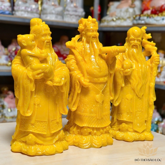 Bộ Tượng Phúc Lộc Thọ Bằng Bột Đá Màu Vàng Cao 37cm– Mang Lại Phúc Khí, Tài Lộc, Trường Thọ