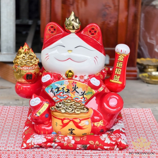 Mèo Thần Tài  Vẫy Tay Phong Thuỷ Gốm Sứ Cao Cấp cao 27cm (Đỏ, Vàng)