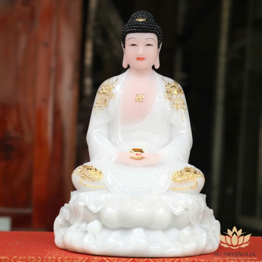 Tượng Phật A Di Đà bằng đá ngồi trên đài sen cao 30cm