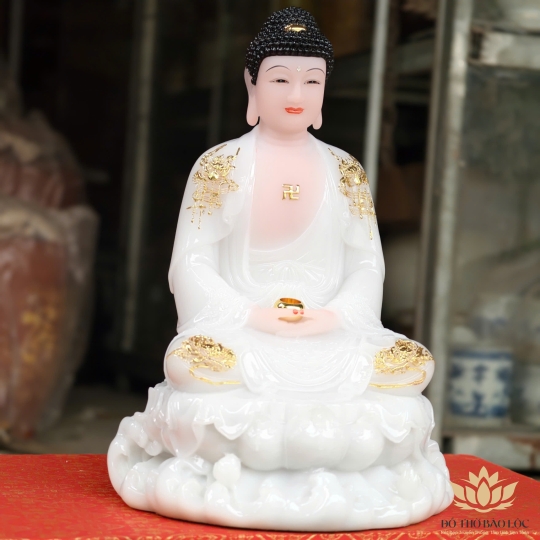 Tượng Phật A Di Đà bằng đá ngồi trên đài sen cao 30cm