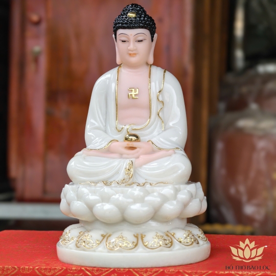 Tượng Phật A Di Đà bằng đá ngồi trên đài sen cao 30cm