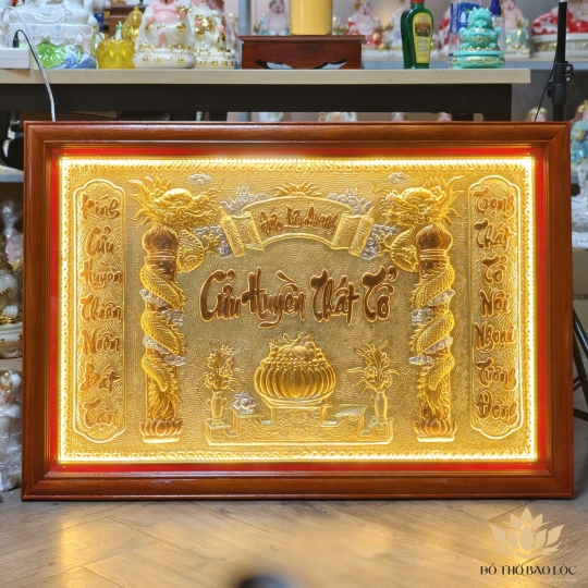 [67x98] Cửu Huyền Thất Tổ bằng đồng khung gỗ cao cấp ngang 98cm cao 67cm – CÓ ĐÈN